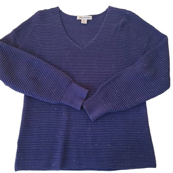 Tommy Bahama Womens Blue Sparkle Cotton Blend V Neck Sweater Small - Picture 2 of 11